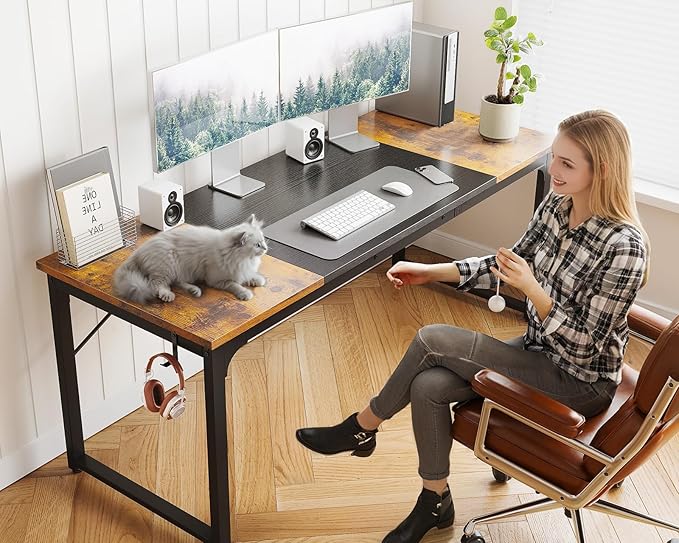 Coleshome 63 Inch Computer Desk, Modern Simple Style Desk for Home Office, Study Student Writing Desk, Vintage and Black