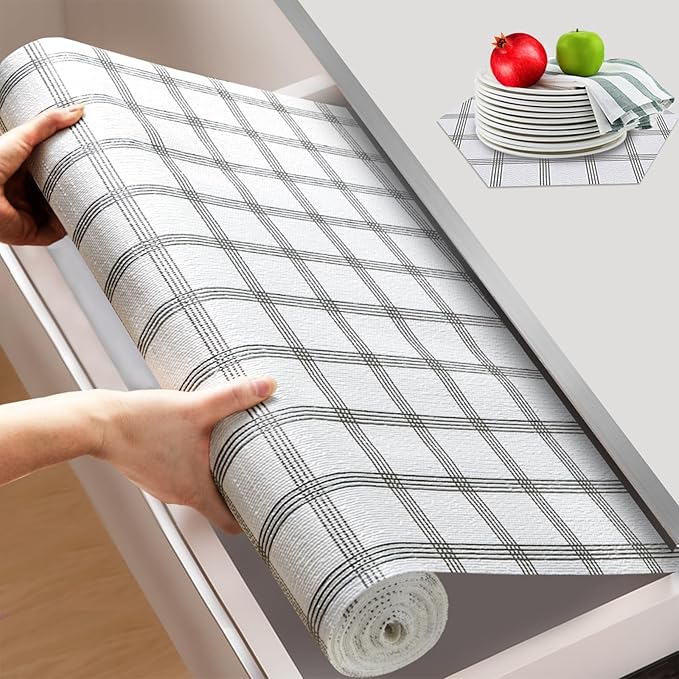 Beautysaid Shelf and Drawer Liner for Kitchen Cabinet, Non Adhesive Non Slip Shelf Paper Waterproof Washable Thickened for Dresser Pantry Shelve Bathroom Protector Liner(Plaid,23.6 in x 20 FT)