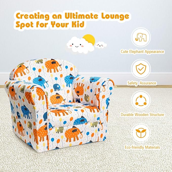 Costzon Kids Couch, Children's Sofa Armrest Chair with Pattern, Toddler Furniture w/Sturdy Wood Construction, Preschool, Lightweight Kids Couch Sofa Chair for Aged 1-5 Boys & Girls Gifts, Elephant