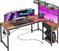 PRAISUN L Shaped Gaming Desk with Shelves, Corner Computer Table with LED Lights, Power Outlets and USB-C Ports, 50 Inch Reversible Home Office Desk with Storage Drawer, Work and Study, Rustic Brown