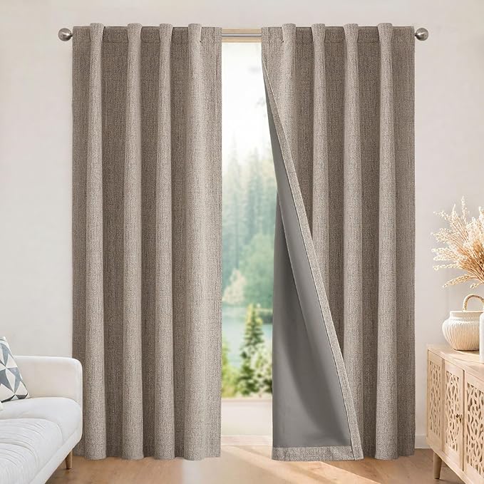 Joydeco 100% Blackout Curtains for Bedroom - Natural Linen Curtains 37"W x 96"L Long, Thermal Insulated 2 Panels Linen Light Blocking Drapes, Rod Pocket & Back Tabs, Darkening Privacy for Living Room