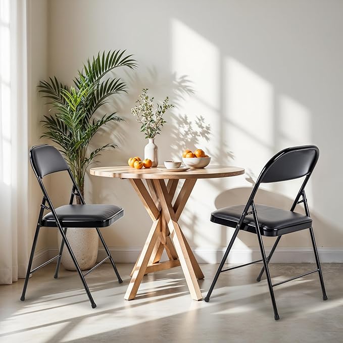 HealSmart Folding Chairs 4 Pcs with Leather Padded Cushion Seats, Back & Sturdy Metal Frame, Stackable, Portable, Commercial Event Seat, Indoor Outdoor for Parties, Home Event, Office, Black