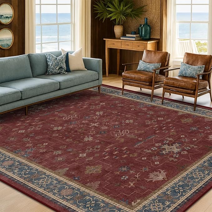 6x8 Dining Room Rugs for Under Table - Vintage Burgundy Boho Living Room Rug, Machine Washable Foldable Carpet,Southwestern Bed Room Décor Aesthetic