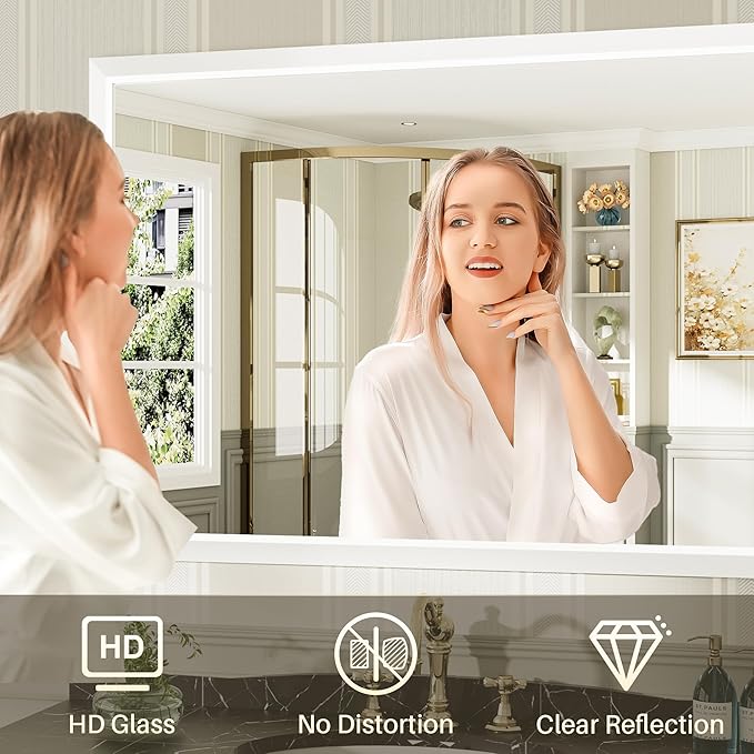 60x40 Inch White Bathroom Mirror for Wall, Thick Metal Framed Rectangle Mirrors for Over Sink, Bedroom, Living Room, Entryway, Anti-Rust, HD Tempered Glass