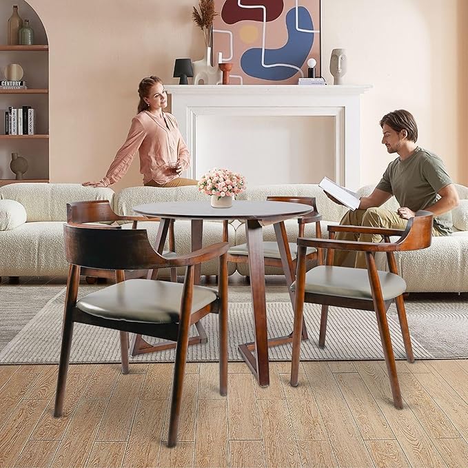 Round Rubber Solid Wood Dining Table - Mid Century Modern Style with V-Shaped Wooden Frame Base, Multi-Functional as Meeting/Coffee/Leisure Table,Space Saving Design,35”