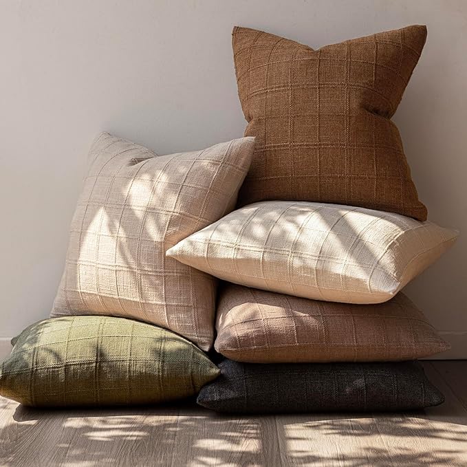 Foindtower Set of 2 Decorative Linen Check Throw Pillow Covers Neutral Farmhouse Vintage Cushion Covers Modern Boho Home Decor for Sofa Chair Couch Bedroom Living Room Outdoor,20×20 Inch,Brown Hazel