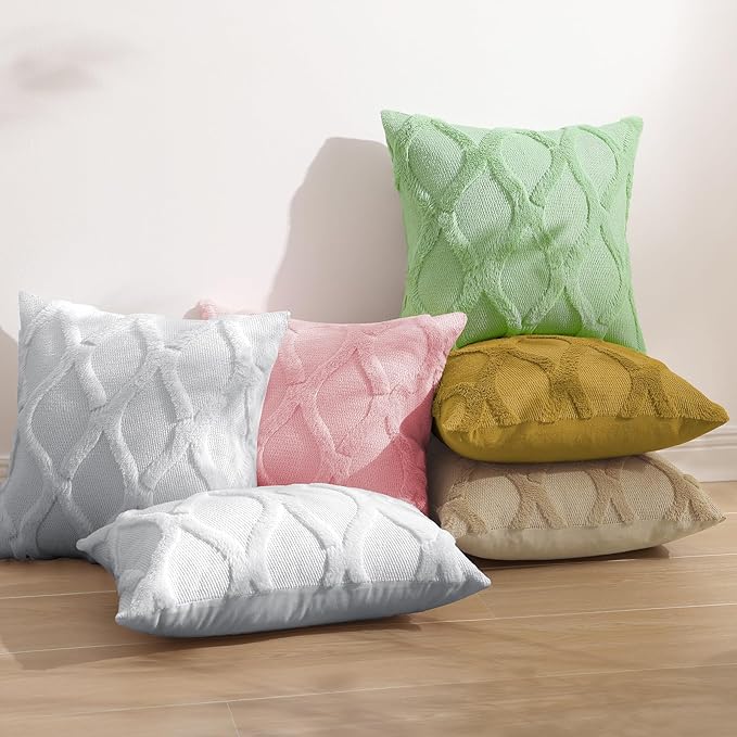 decorUhome Throw Pillow Covers 18x18 Inch Set of 2, Soft Plush Faux Fur Wool Khaki Couch Pillow Covers, Decorative Neutral Pillow Cases for Bed Sofa Living Room Home Decor