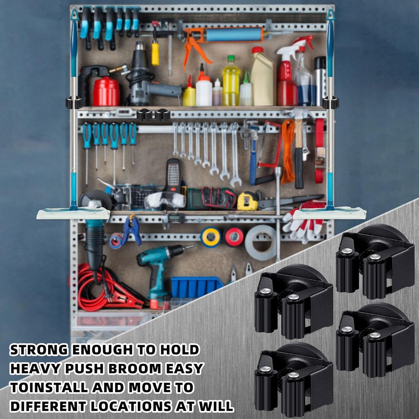 4 Pcs Magnetic Mop Broom Holder Movable Magnetic Broom Holder Rack, Anti Slip Wall Mounted Utility for Cleaning Tools, Garage, Kitchen, Laundry, Garden (Black)