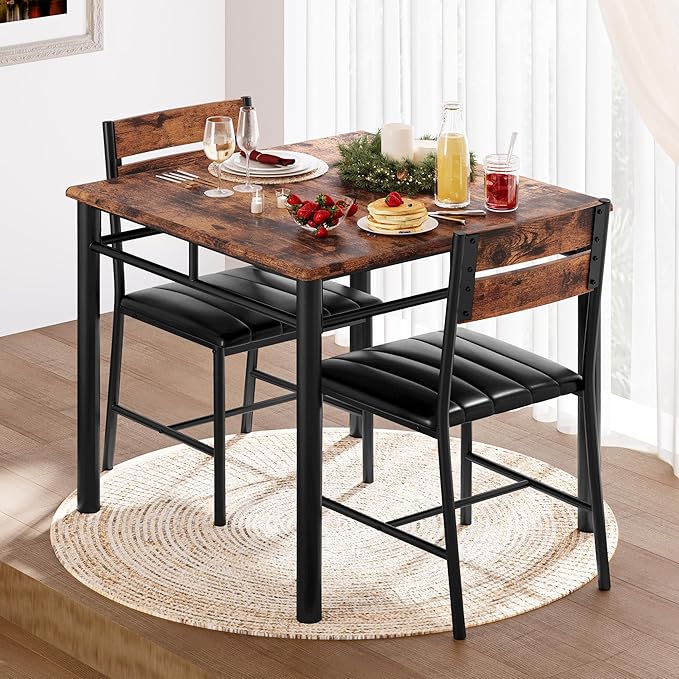 IRONCK Dining Table Set for 2, Small Kitchen Table with Upholstered Chairs Dinning Table Set for Kitchen & Dining Room, Compact Dining Set for Small Spaces, Rustic Brown