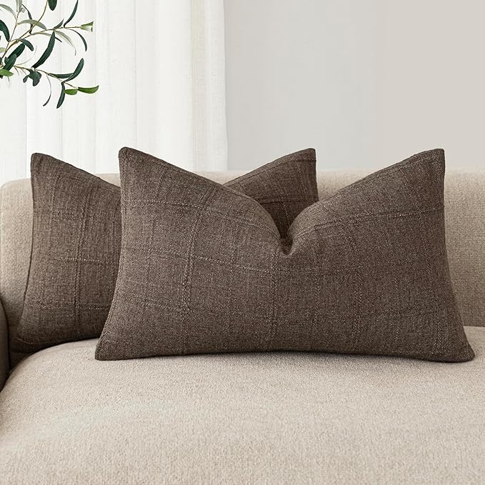 Foindtower Set of 2 Decorative Linen Check Throw Pillow Covers Neutral Farmhouse Lumbar Cushion Covers Modern Boho Home Decor for Sofa Chair Couch Bedroom Living Room Outdoor,12×20 Inch,Dark Brown