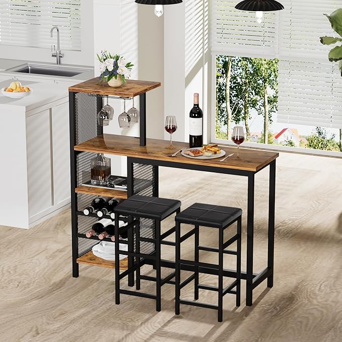 VECELO Bar Table and Chairs Set for 2, 3-Piece Dining Set with Storage Shelves, Cup Holder & Wine Rack, PU Leather Cushion Stools, for Kitchen Small Space, Brown