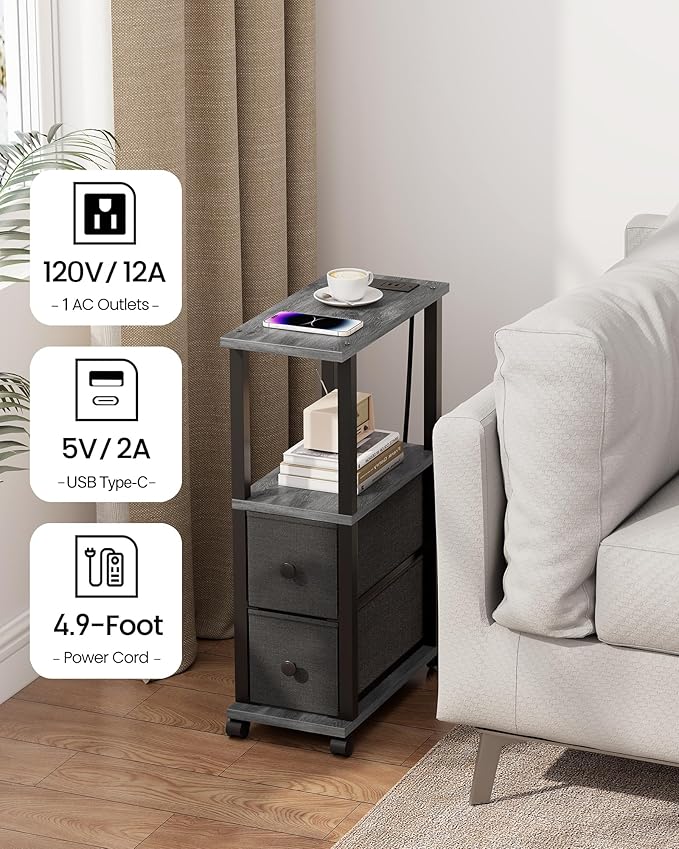 TUTOTAK Small Narrow End Tables, LED Side Tables with 2 Fabric Drawers, Set of 2, Bedside Tables with Charging Station for Small Spaces, Slim Nightstands with USB Ports and Wheels, TB01BY053L