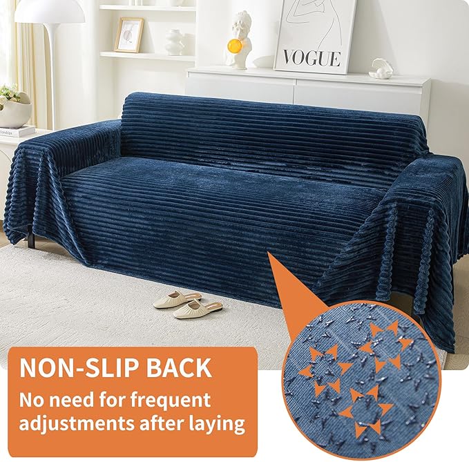 HAOMAIJIA Faux Fur Sofa Covers Couch Covers for 3 Cushion Couch Sofa Pet Friendly Soft Non Slip Couch Cover for Dogs Washable Sectional Couch Covers L Shape Furniture Protector (Navy Blue, 91"x150")