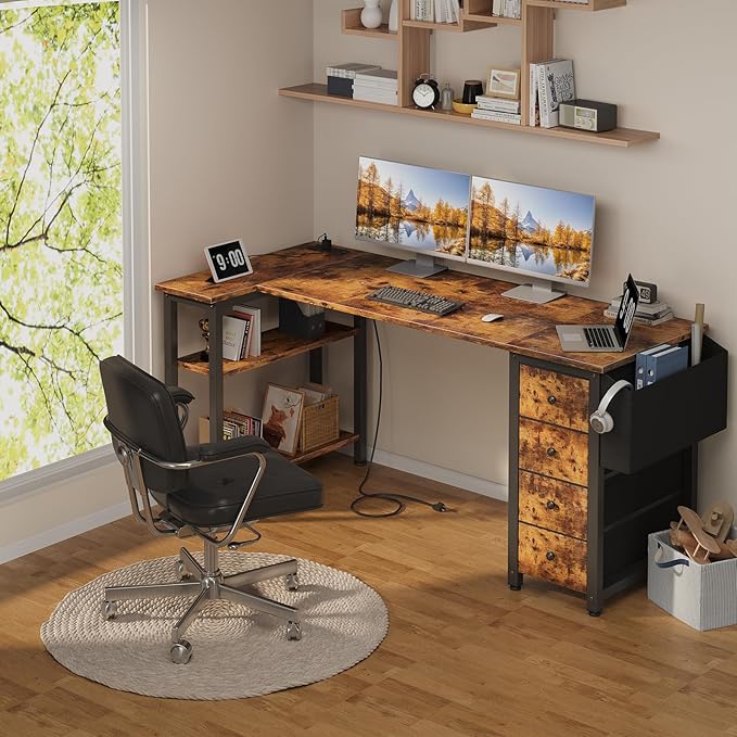 Lufeiya L Shaped Computer Desk with Drawers & Storage Shelves, 63 Inch Corner Desk with Power Outlet for Home Office Bedroom, L-Shaped Teen PC Gaming Desks with Fabric Drawer, Rustic Brown