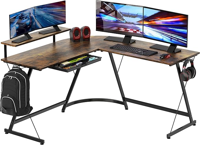 SHW 51 x 51 Inches Vista L-Shaped Desk with Monitor Stand and Drawer, Rustic Brown