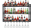 Metal Wine Rack Wall Mounted, Bar Shelves for Liquor Bottles with LED Light, 3 Tier Large Capacity Liquor Rack Wall Mounted with Glass Holder for Home Bar & Dining Room （Black, 71in/180cm）