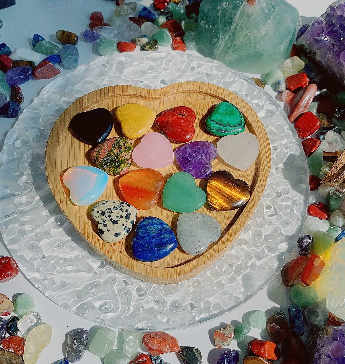 15 PCS Heart Crystals Healing Natural Pocket Stones Polished Love Shaped Palm Gemstones Rose Quartz Amethyst Assorted Set Reiki Energy Balancing Meditation Mother's Day Gift 0.8 Inch