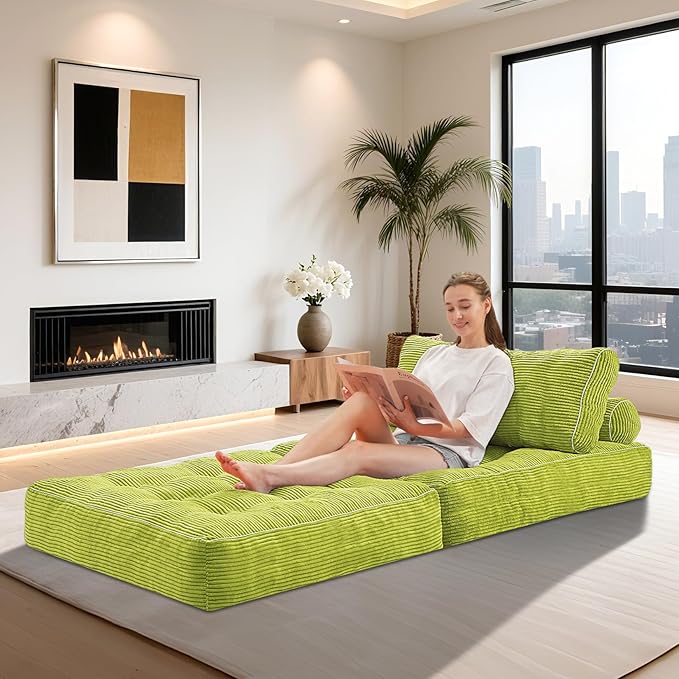 HABUTWAY Folding Sofa Bed, Convertible Sleeper Chair Bed w/Dual-Pillow & Handle, Foldable Floor Sofa Lounge w/Back Support for Living Room, Bedroom, Apartment, Office, Green
