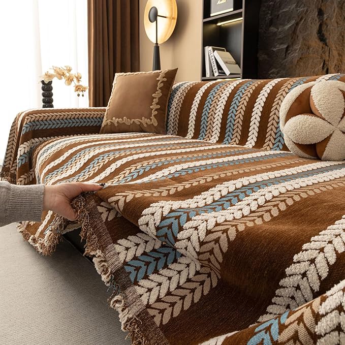 STACYPIK Khaki Jacquard Leaves Sofa Cover, Vintage Couch Cover for Dogs, Washable Pet Protector for 3 Cushion Couch, Non-slip Chenille Sofa Covers for Loveseat, Boho Couch Cover for Sectional-71X134IN