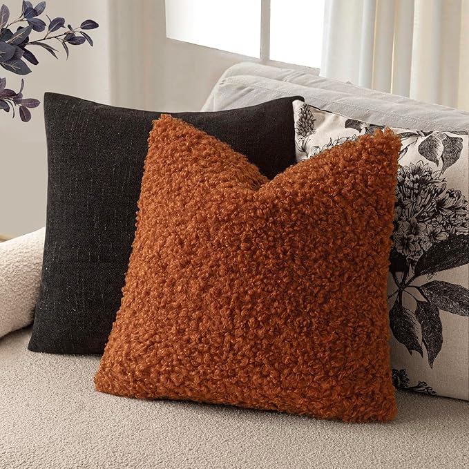 Foindtower 2 Pieces 24x24 Inch Burnt Orange, Faux Fur Throw Pillow Cover Accent Sherpa Furry Pillow Cover Fuzzy Soft Pillowcases Cozy Sheepskin Decorative Fleece Cushion Case for Bed Couch Living Room