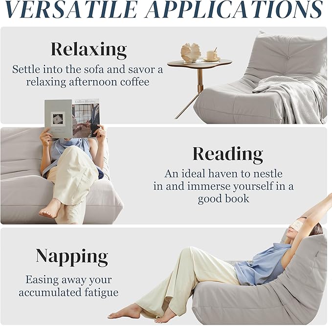 Bean Bag Chair, Fireside Chair Bean Bag Sofa for Adults, Bean Bag Chairs for Teens with High-Resilience Foam, Memory Foam & Non-Slip Base Bean Bag for Living Room, Bedroom, Office (Suede, Light Gray)