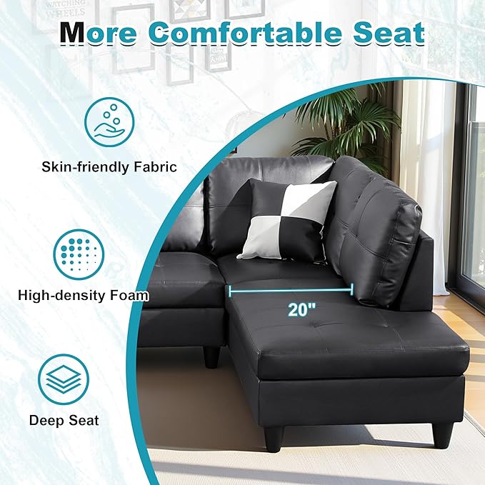 103.5" Oversized Sectional Couch, L Shaped Couch with Storage Ottoman, Modern Modular Sofa with Deep Seat, Sectional Couches for Living Room and Office, Jet Black (Faux Leather)