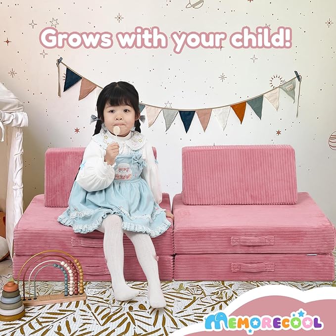 MeMoreCool Kids Couch for Playroom, Corduroy Convertible Toddler Couch, 8 Piece Modular Play Sofa, Foam Fort Building Set for Child Room Furniture, Pink