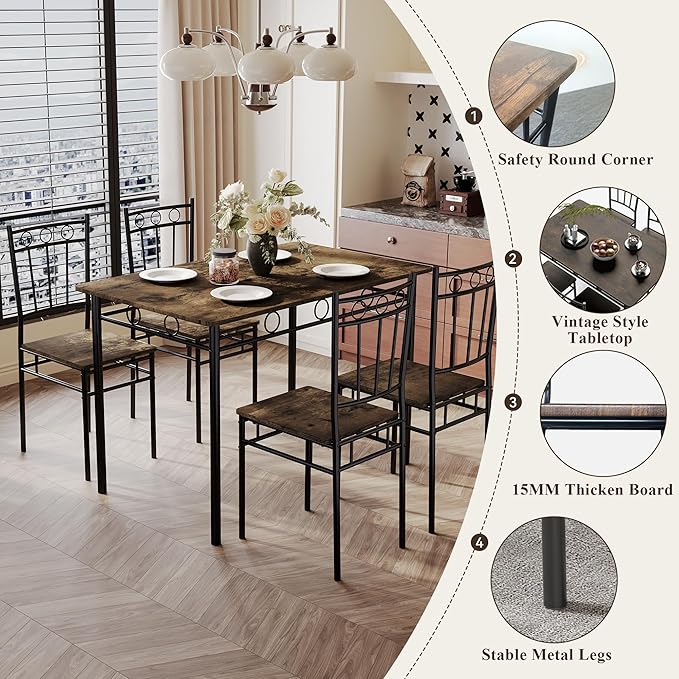 5 Piece Dining Table Set, Modern Metal&Wood Kitchen Dinner Table with 4 Chairs, Dining Room Table Sets for Small Spaces, Brown