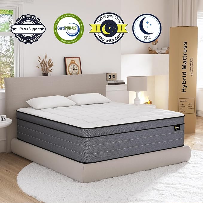 California King Mattress, 12 Inch Cal King Hybrid Mattress with Pressure Relief Gel Memory Foam & Motion Isolation Pocketed Springs, Firm Cali King Bed in a Box, CertiPUR-US