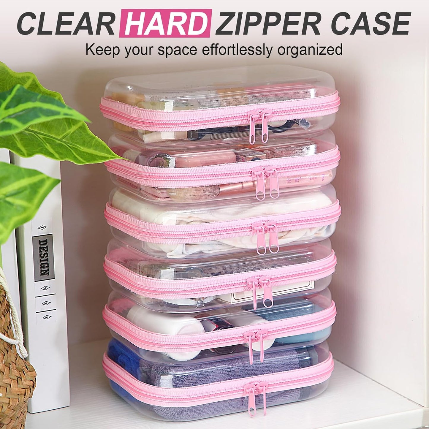 Sanwuta 6 Pcs Clear Hard Zipper Case Pencil Pouches Hard Plastic Zipper Pouches Makeup Bag Transparent Cases for Snacks Plastic Storage Organizer Box for Travel(Pink,7.87 x 5.9 x 2 Inch)