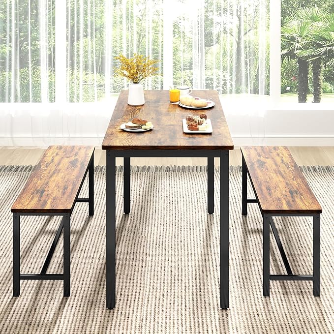 Rovibek Dining Table Set for 4 with 2 Benches – Space-Saving Kitchen Table Set for Kitchen & Dining Room, Brown