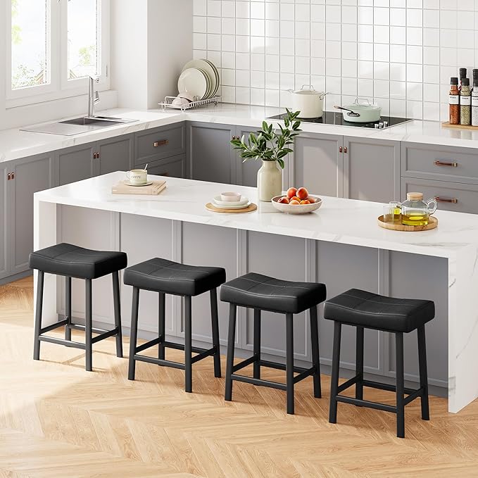 GarveeHome Counter Height Bar Stools Set of 4, 24 Inch Barstools for Kitchen Island Counter, Upholstered Padded Saddle Chairs with Curved Cushion, Easy Assembly, Black