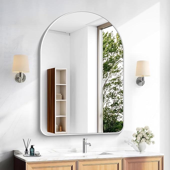 Arched Bathroom Mirror, 26"x38" Silver Arched Mirror for Bathroom, Wall Mounted Mirror, Black Vanity Wall Mirror w/Metal Frame for Bedroom, Entryway, Living Room, Hanging or Leaning Against Wall