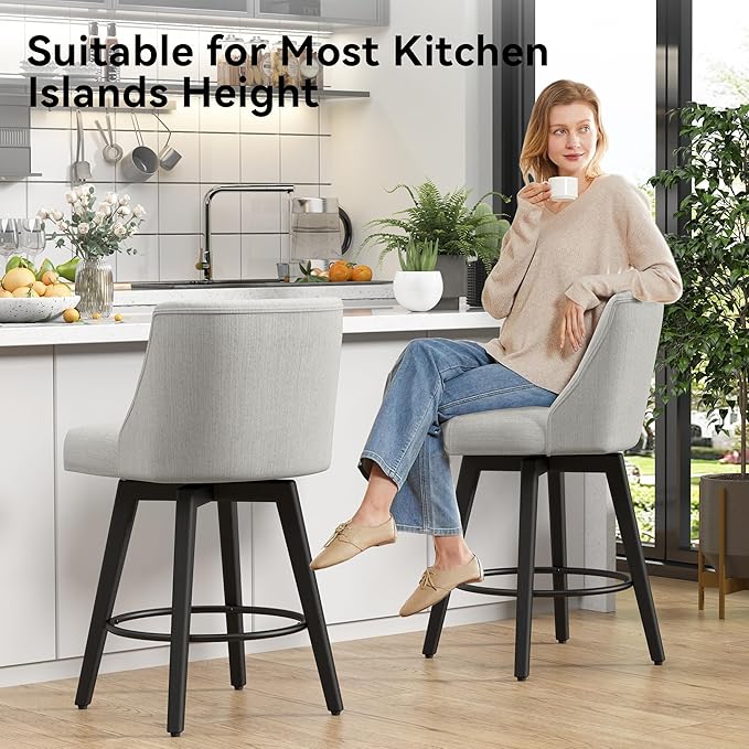 Vipbear Swivel Counter Height Bar Stools Set of 2,26.8" H Counter Stools with Back, Mid Century Modern Bar Stools for Kitchen Island,Linen Fabric,Wooden Base, White
