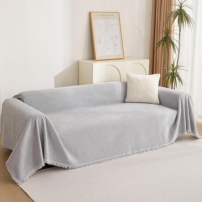 MYSKY HOME Light Gery Chenille Sofa Cover for Dogs Cats Tassel Edge Couch Cover Furniture Protectors for Pets Universal Couch Cover Thick Durable Sectional Couch Covers for 3 Cushion Couch, 71"x 134"