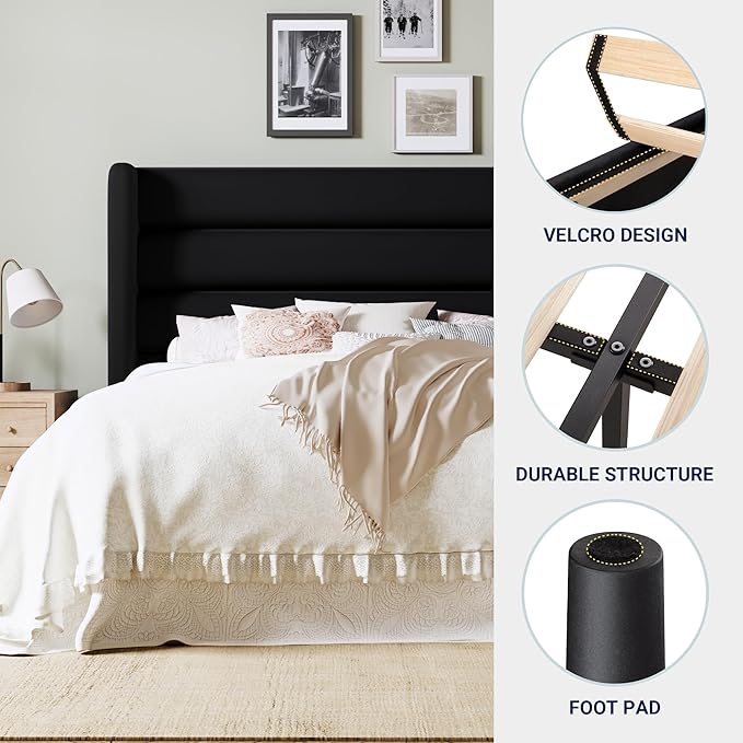 Allewie Queen Size Platform Bed Frame with Velvet Upholstered Wingback Headboard, No Box Spring Needed, Under Bed Storage Space, Strong Wooden Slats, Modern Mattress Foundation, Easy Assembly, Black