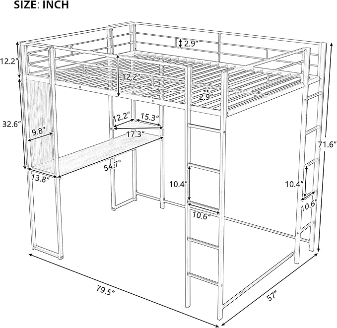 Full Size Metal Loft Bed with 2 Storage Shelves and 1 Desk,Steel Structure Bed Frame W/ 2 Build-in Ladders & Full-Length Guardrails,No Box Spring Needed,for Kids Teens Adults,Silver