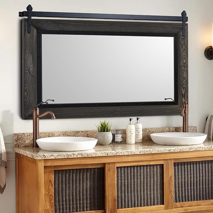 YOSHOOT Farmhouse Barn Door Mirror, 48"x30" Rustic Bathroom Mirror, Wood Frame Wall Mirror, Wooden Mirror for Living Room Bedroom Entryway Wall Décor, Horizontal Hanging ONLY