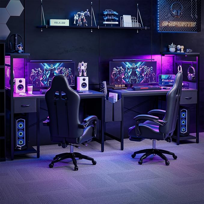 Gaming Desk 55 Inch with Power Outlet and LED Light, Computer Desk with Reversible Shelves and Storage Drawer, Pc Small Table for Home Office Table with Bag, Carbon Fiber Black