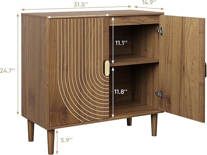 Smuxee Walnut Sideboard Cabinet, Freestanding Buffet Cabinet with Line Groove Design, Wood Storage Cabinet with Adjustable Shelf for Living Room, Entryway, Hallway