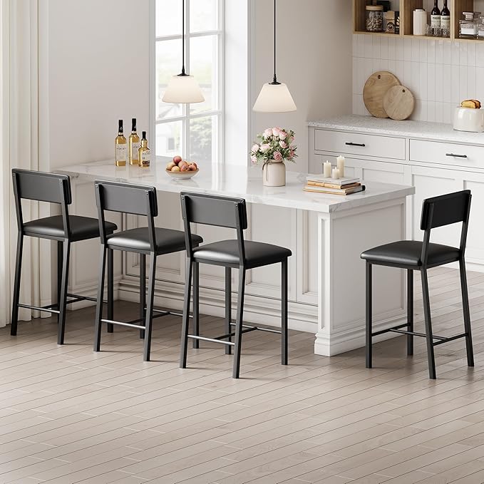 Garvee Bar Stools Set of 4, Kitchen Barstools with Thick Cushion, 25 Inch Counter Height Bar Stools with Backrest and Footrest, for Dining Room, Kitchen Island Counter Chairs, Retro Black