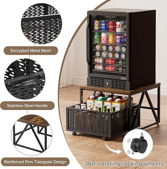 Urban Deco Mini Fridge Stand with Storage, Heavy Duty Fridge Cart with Drawer Basket, Mini Refrigerator Table for 220 LBS, Mobile Fridge Stand with Swivel Wheels for Dorm,Office,Home, Retro Brown