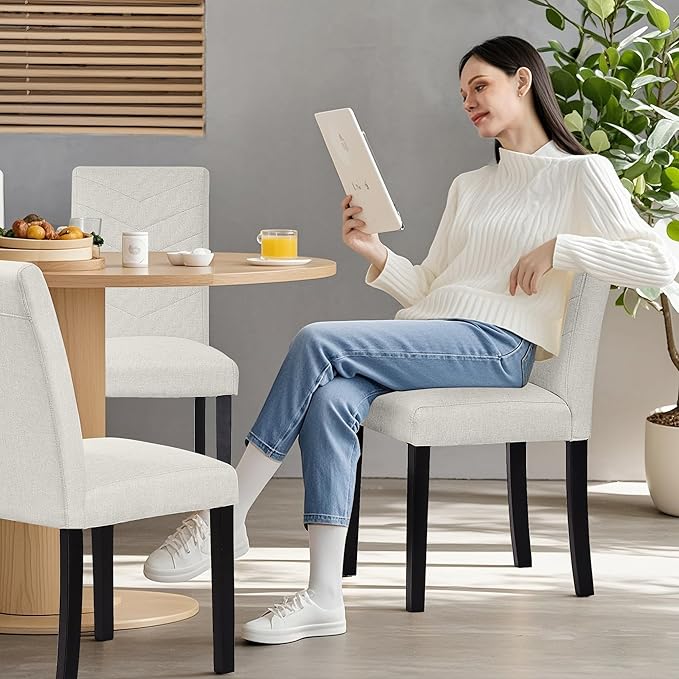 VECELO Upholstered Dining Chairs Set of 4, Fabric Wood Legs High Back for Kitchen Living Room, Beige