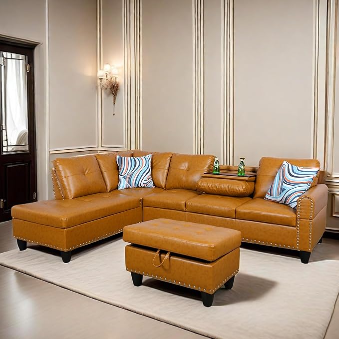 L Shaped Sectional Sofa with Ottoman, Nail-Head Design Leather Right Facing Modern Couches with Cup Holder for Living Room, Bedroom, Office, Ginger