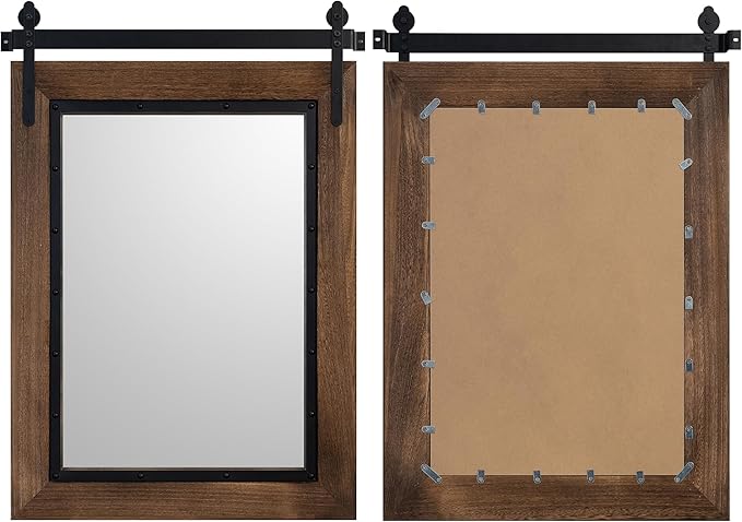 YOSHOOT Farmhouse Barn Door Mirror, 32"x24" Rustic Bathroom Mirror, Wood Frame Wall Mirror, Wooden Mirror for Living Room Bedroom Entryway Wall Décor, Vertical Hanging ONLY