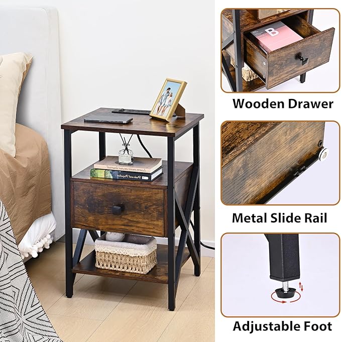 Nightstand Set of 2 with Wireless Charging and USB Ports, End Table Set 2 with Outlets, Bedside Table End Tables with Drawer, Small Night Stand for Bedroom, Living Room, Side Table, Brown