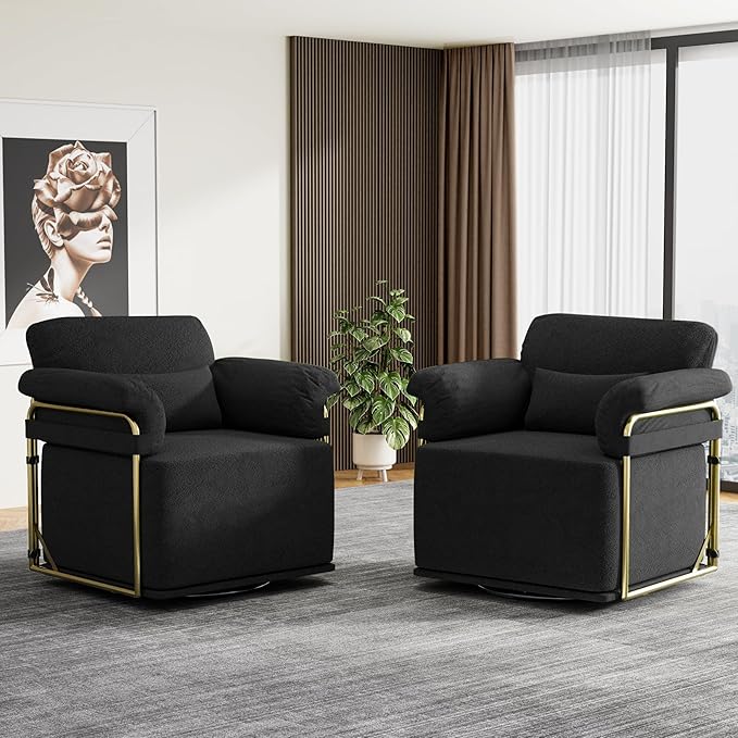KEIKI Modern Comfy Swivel Accent Reading Chair with Waist Pillows, 360°Square Upholstered Barrel Armchair Single Club Lounge Sofa Chairs for Living Room,Bedroom,Office,Black