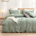 BESTOUCH Duvet Cover Set 100% Washed Cotton Linen Feel Super Soft Comfortable Chic Lightweight 3 PCs Home Bedding Set Solid Green Oversized King