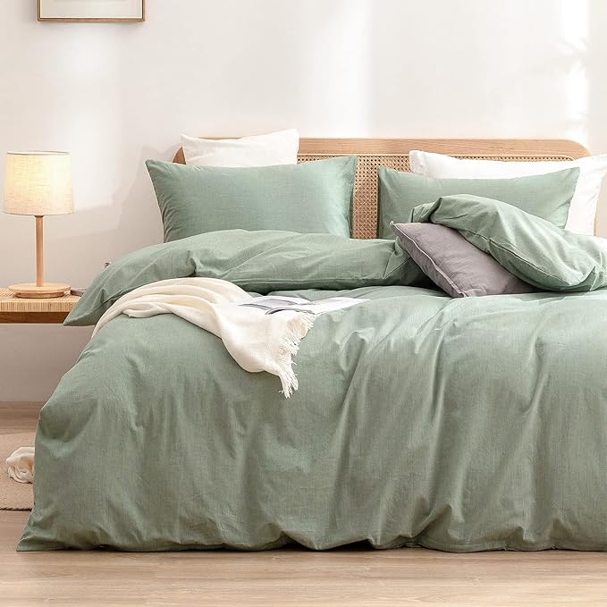 BESTOUCH Duvet Cover Set 100% Washed Cotton Linen Feel Super Soft Comfortable Chic Lightweight 3 PCs Home Bedding Set Solid Green Oversized King