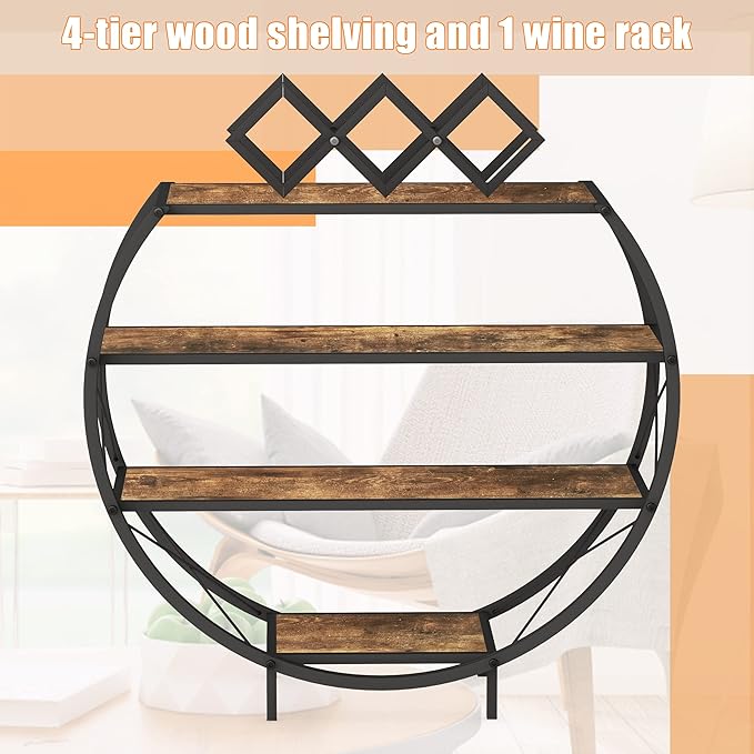 Demilune Console Table Industrial Entryway Table with 4-Tier Open Storage Shelf Wood and Metal Christmas Sofa Table with Wine Rack for Living Room Hallway Display Vintage Rustic Brown